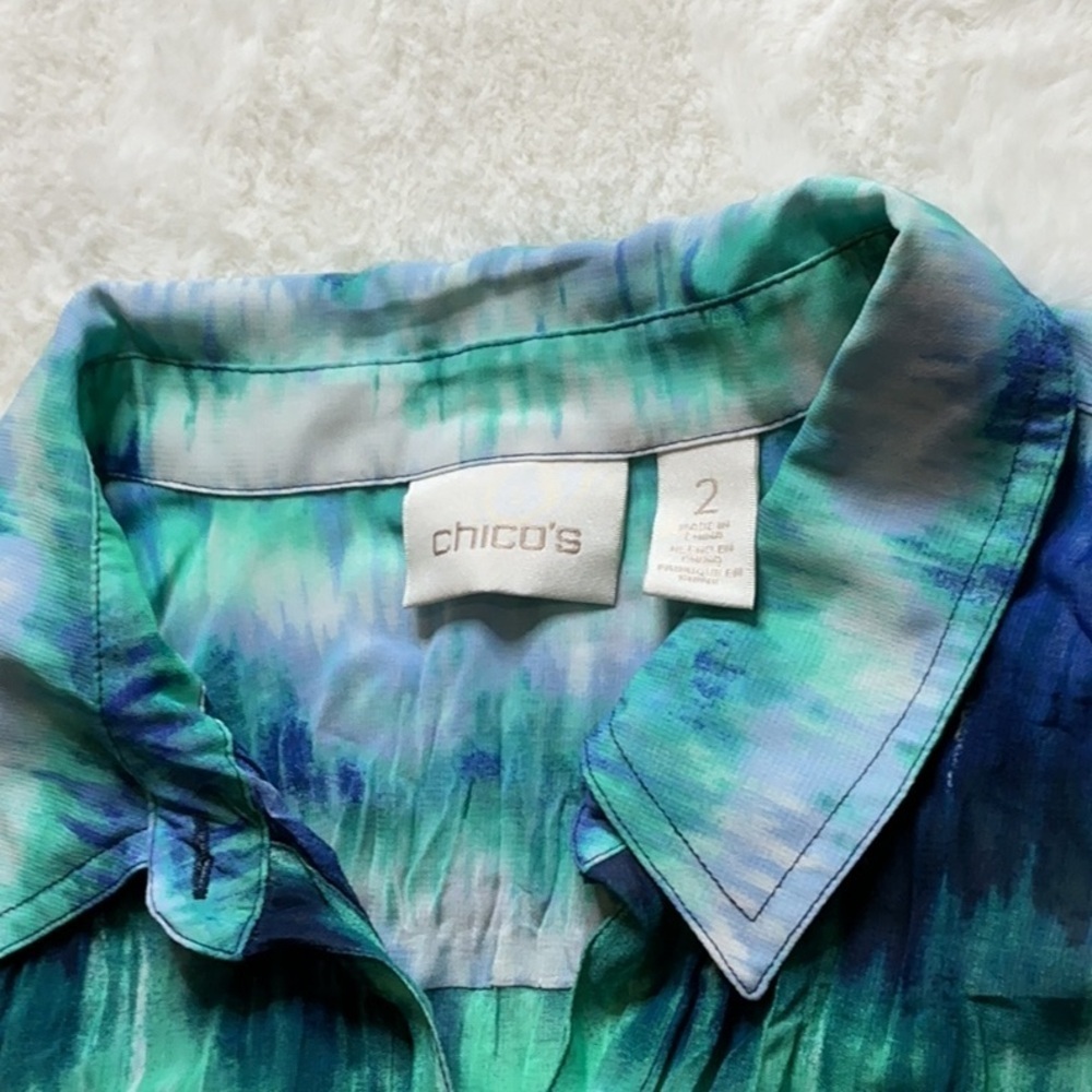 Chico's Blue and Green Ruched Button Down SunBlouse - Picture 4 of 5